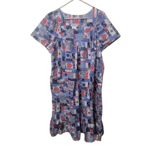 Anthony Richards Dresses & Skirts - Vtg 80s Anthony Richards Patchwork House Dress Mumu L Red White Blue Heart Short